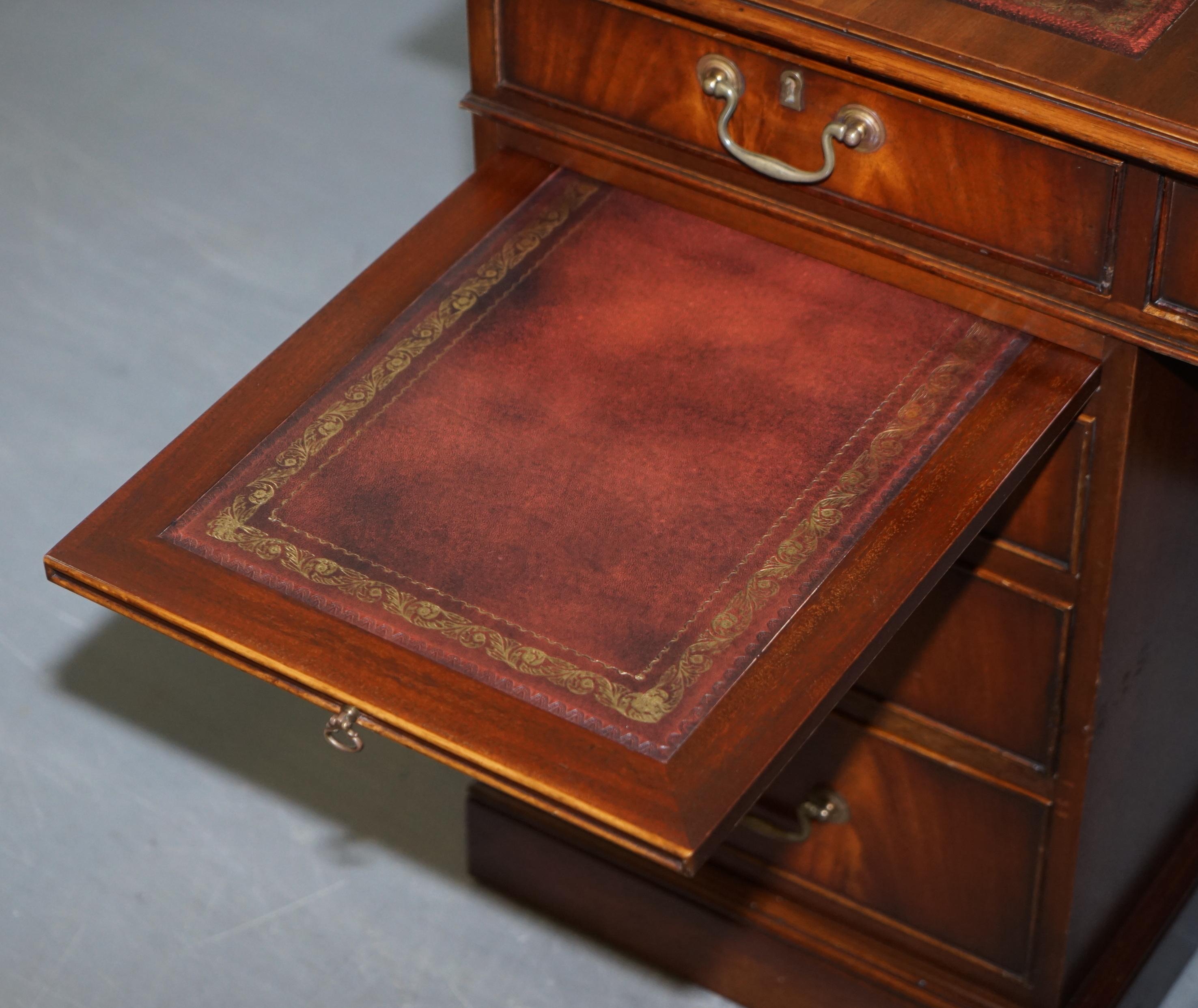 Sublime Large Hardwood & Oxblood Leather Partner Desk Twin Butlers Seving Trays 13