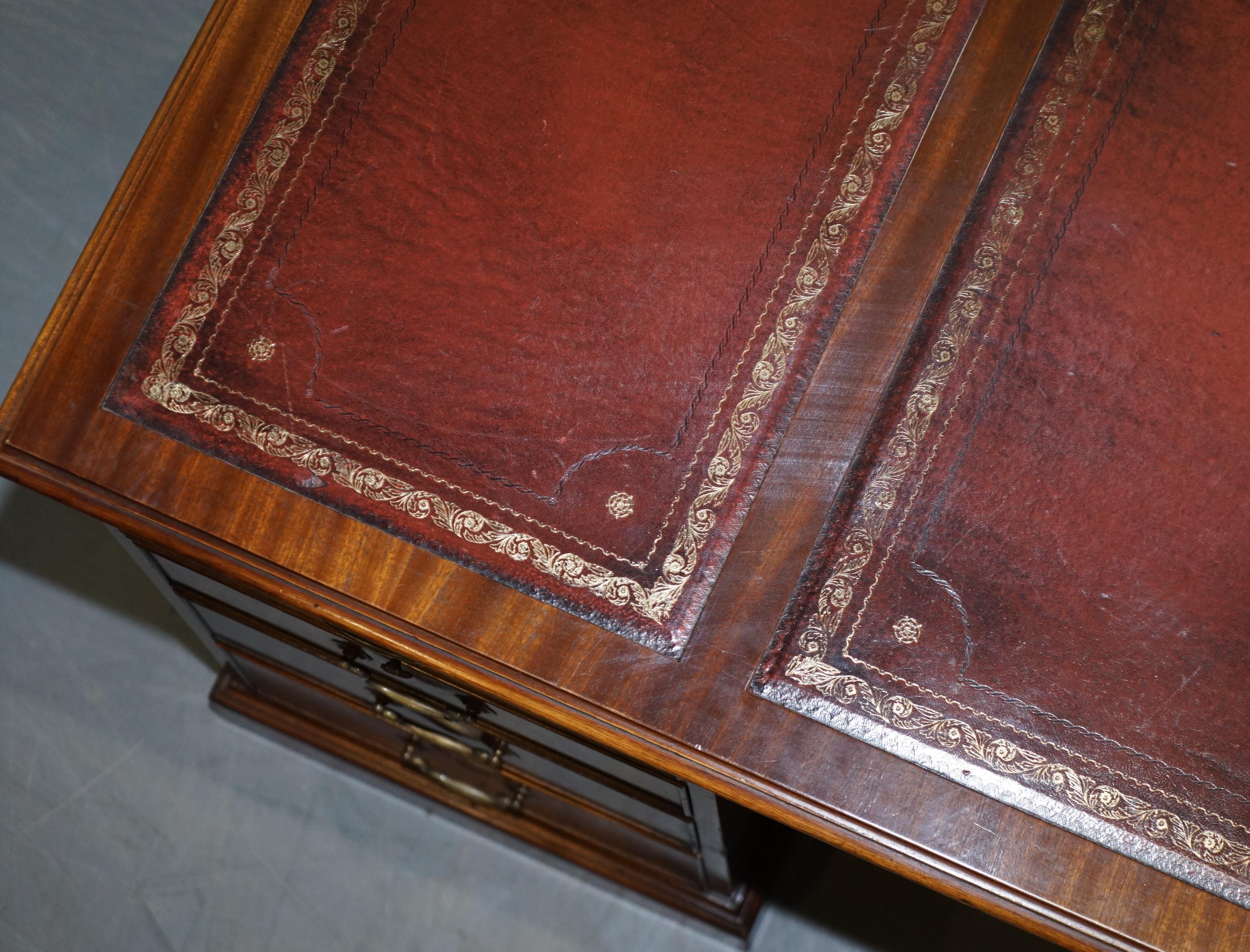 Sublime Large Hardwood & Oxblood Leather Partner Desk Twin Butlers Seving Trays 3