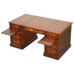 Sublime Large Hardwood & Oxblood Leather Partner Desk Twin Butlers Seving Trays