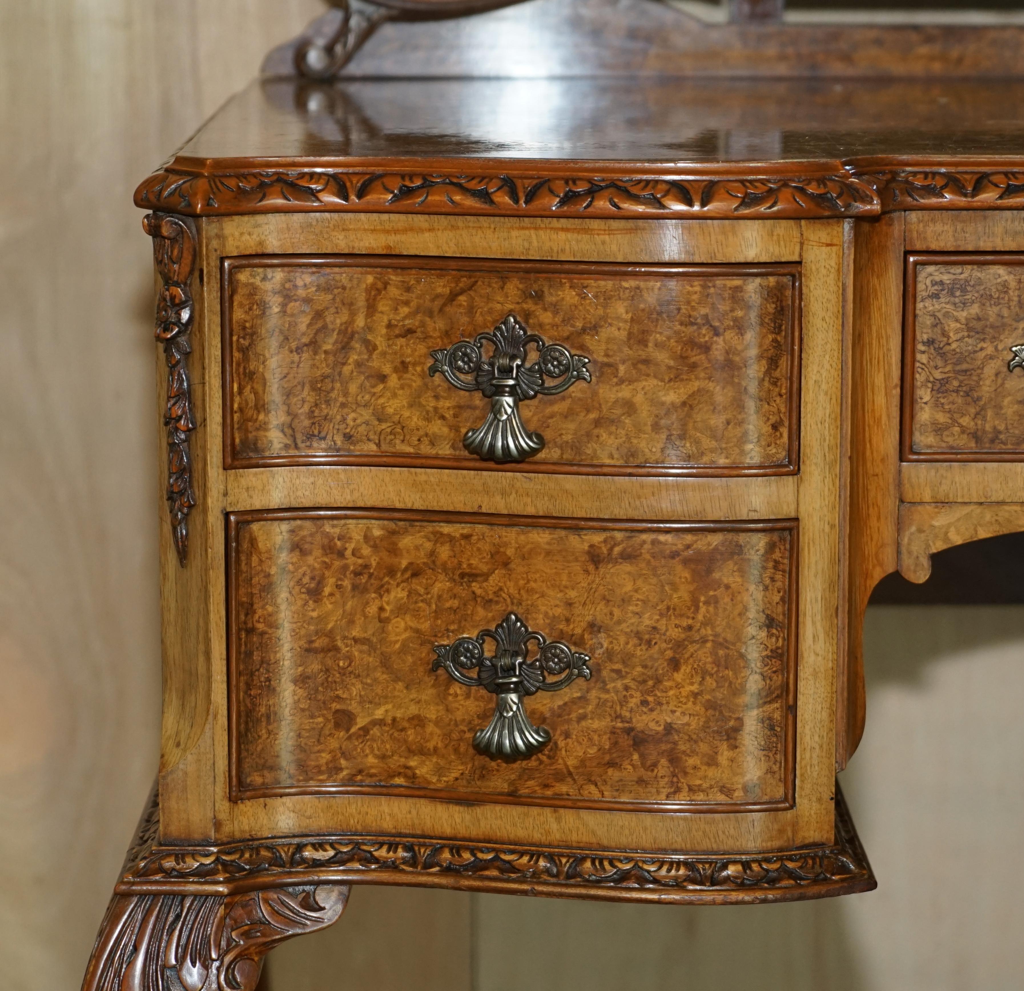 Mirror Sublime Maple & Co Burr Walnut Hand Carved Dressing Table Part of Suite For Sale