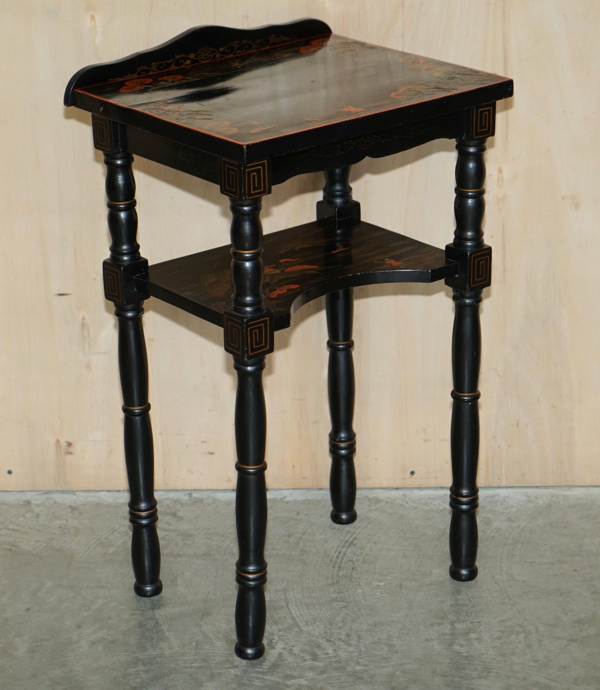 Royal House Antiques

Royal House Antiques is delighted to offer for sale this sublime nest of two original Chinese Chinoiserie black lacquered tables with pagoda temple drawings, turned legs and gold leaf detailing.

Please note the delivery fee
