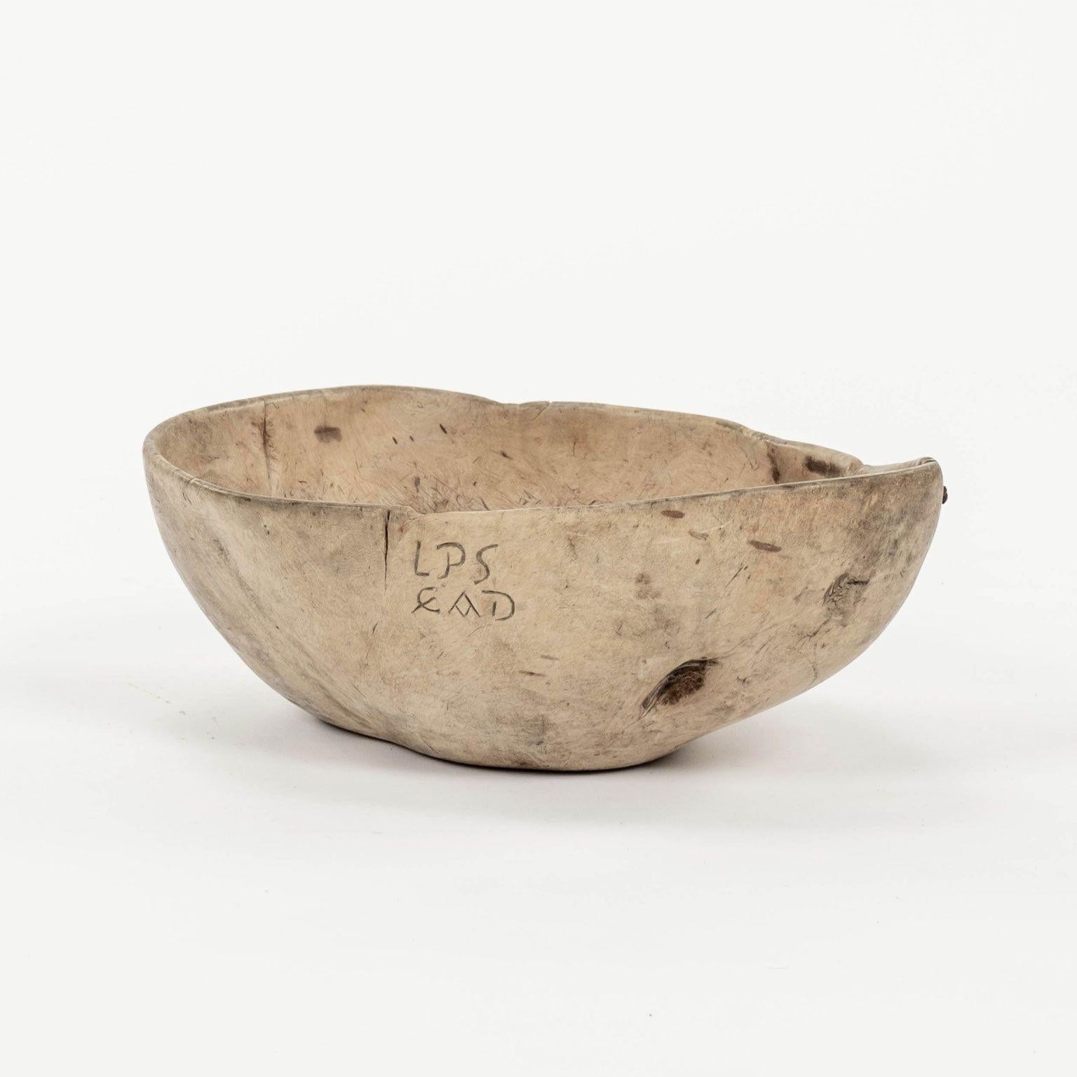 Sublime organically-shaped primitive 18th Century Scandavian root bowl. Remarkable naturally bleached pale, dry finish. Beautiful subtle wood grain. Marked with the initials 