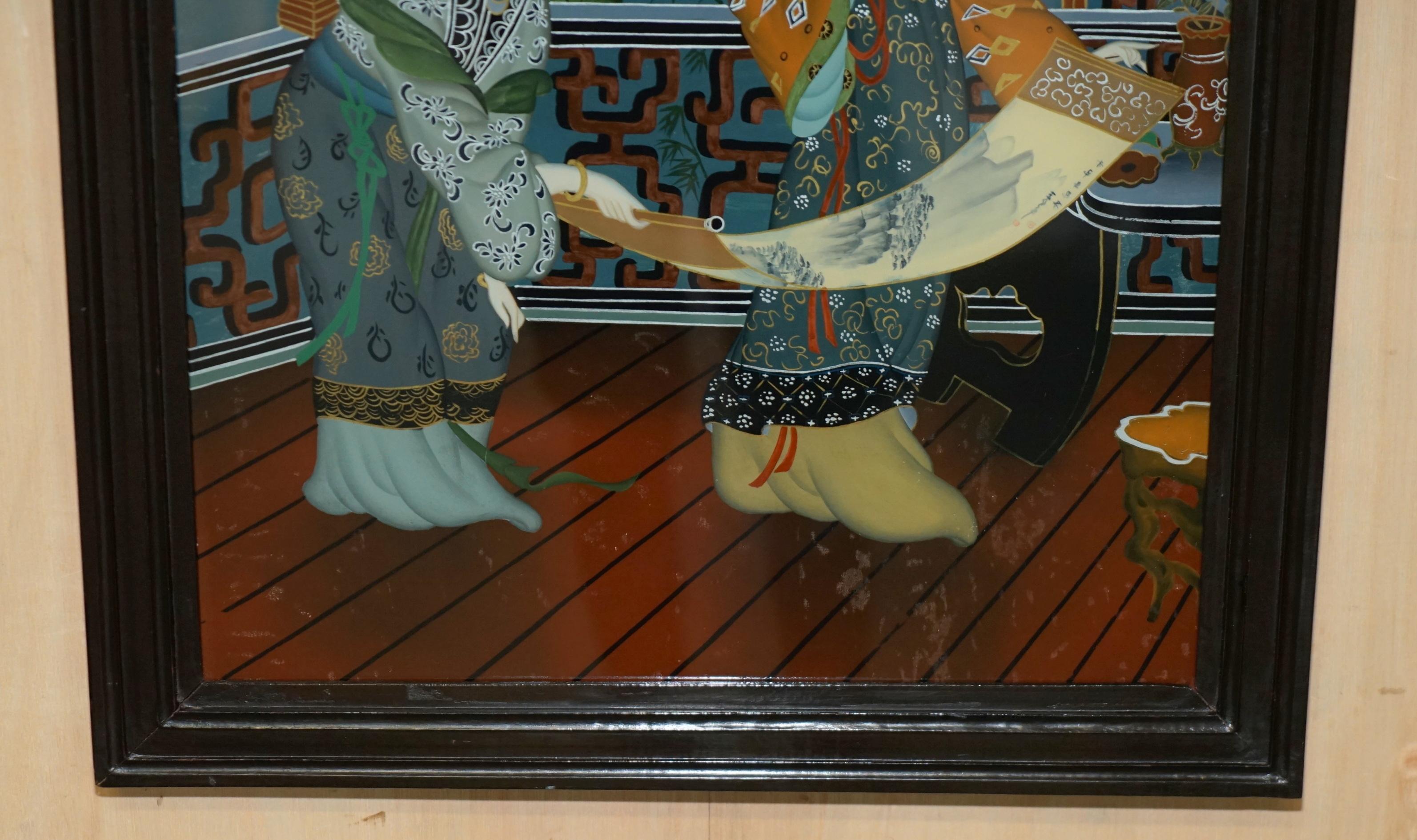 Erhabenes Paar antiker chinesischer Ahnenporträts mit handgemalten Glasgemälden im Angebot 8