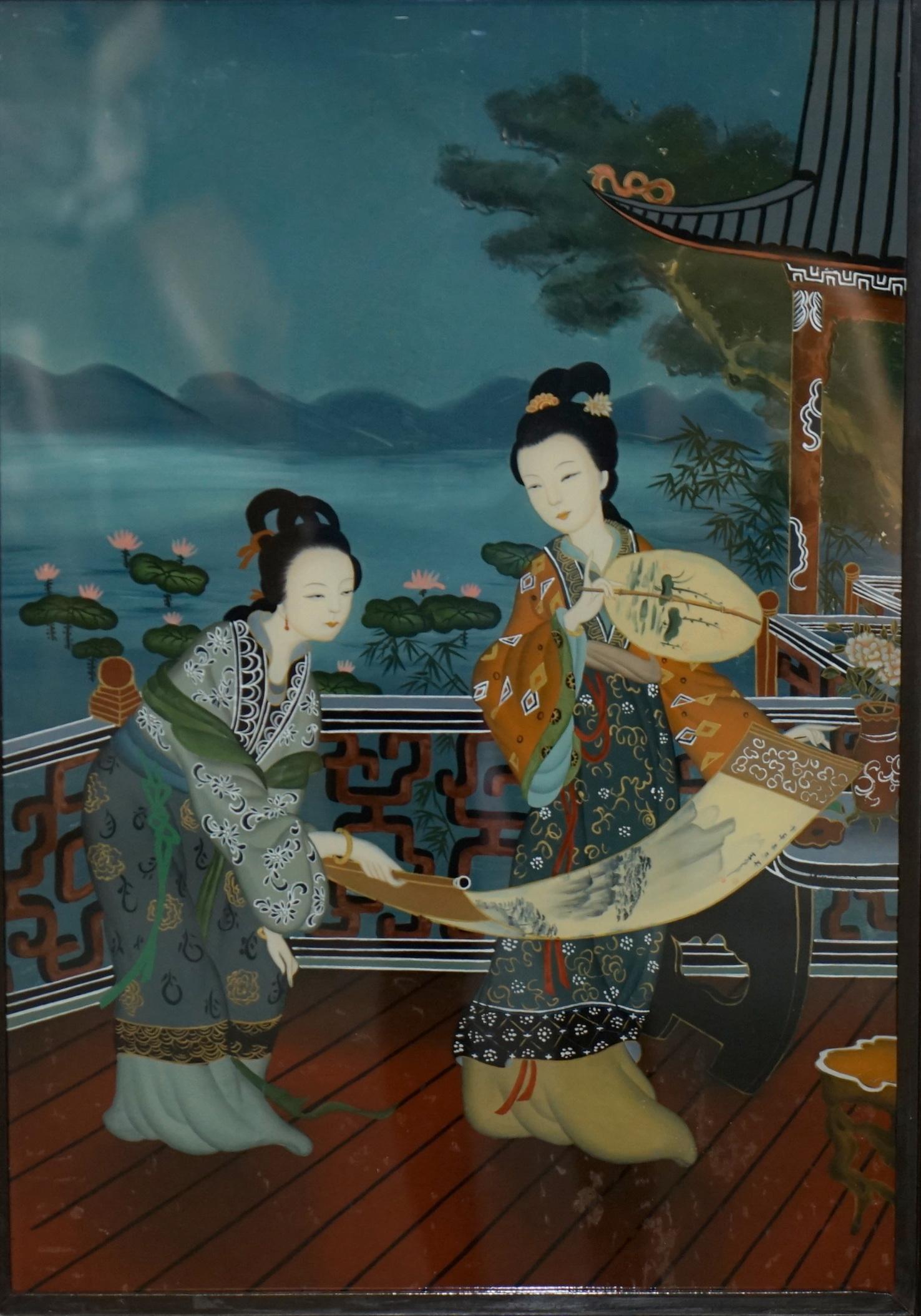 Erhabenes Paar antiker chinesischer Ahnenporträts mit handgemalten Glasgemälden im Angebot 9