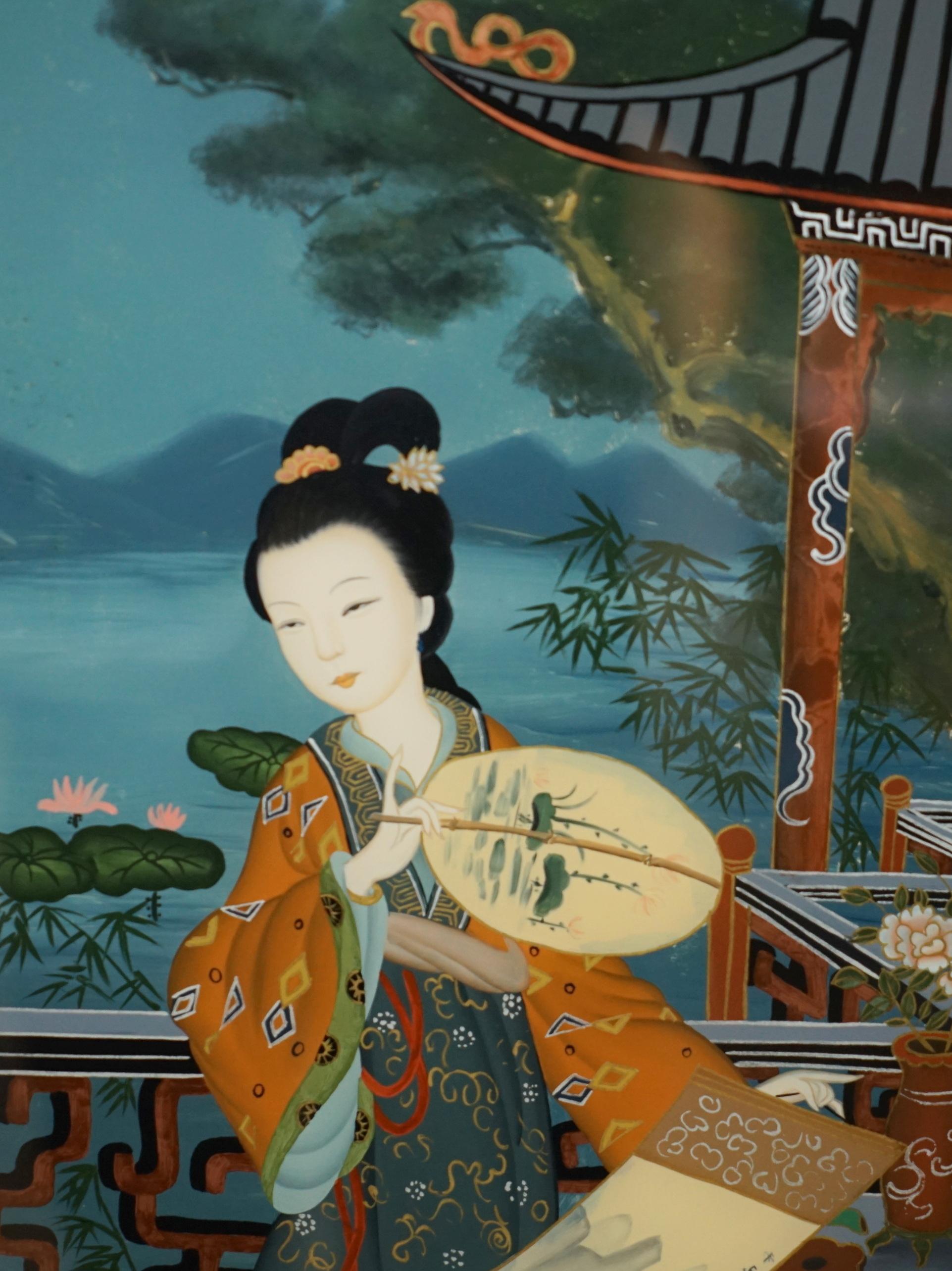 Erhabenes Paar antiker chinesischer Ahnenporträts mit handgemalten Glasgemälden im Angebot 10