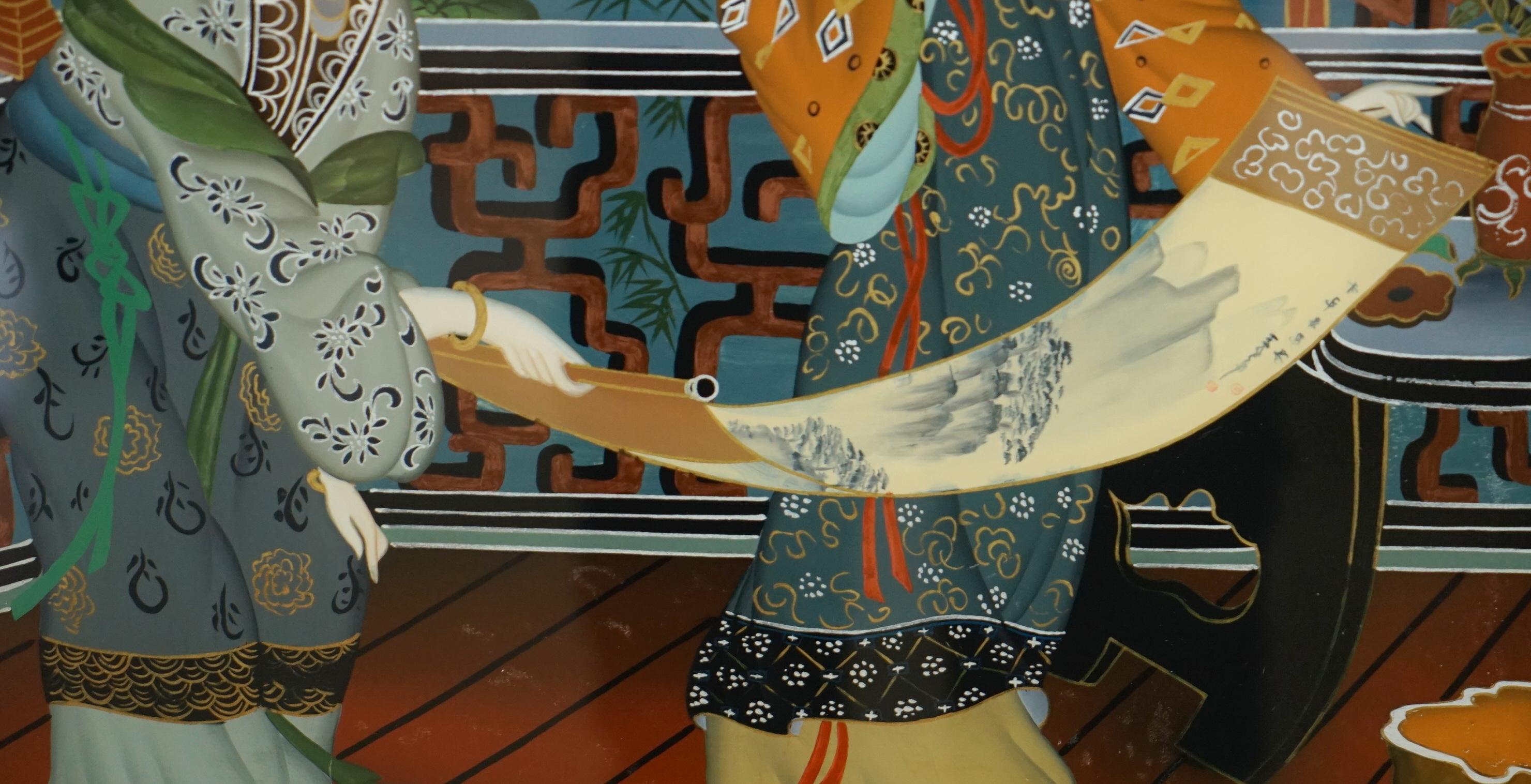 Erhabenes Paar antiker chinesischer Ahnenporträts mit handgemalten Glasgemälden im Angebot 13
