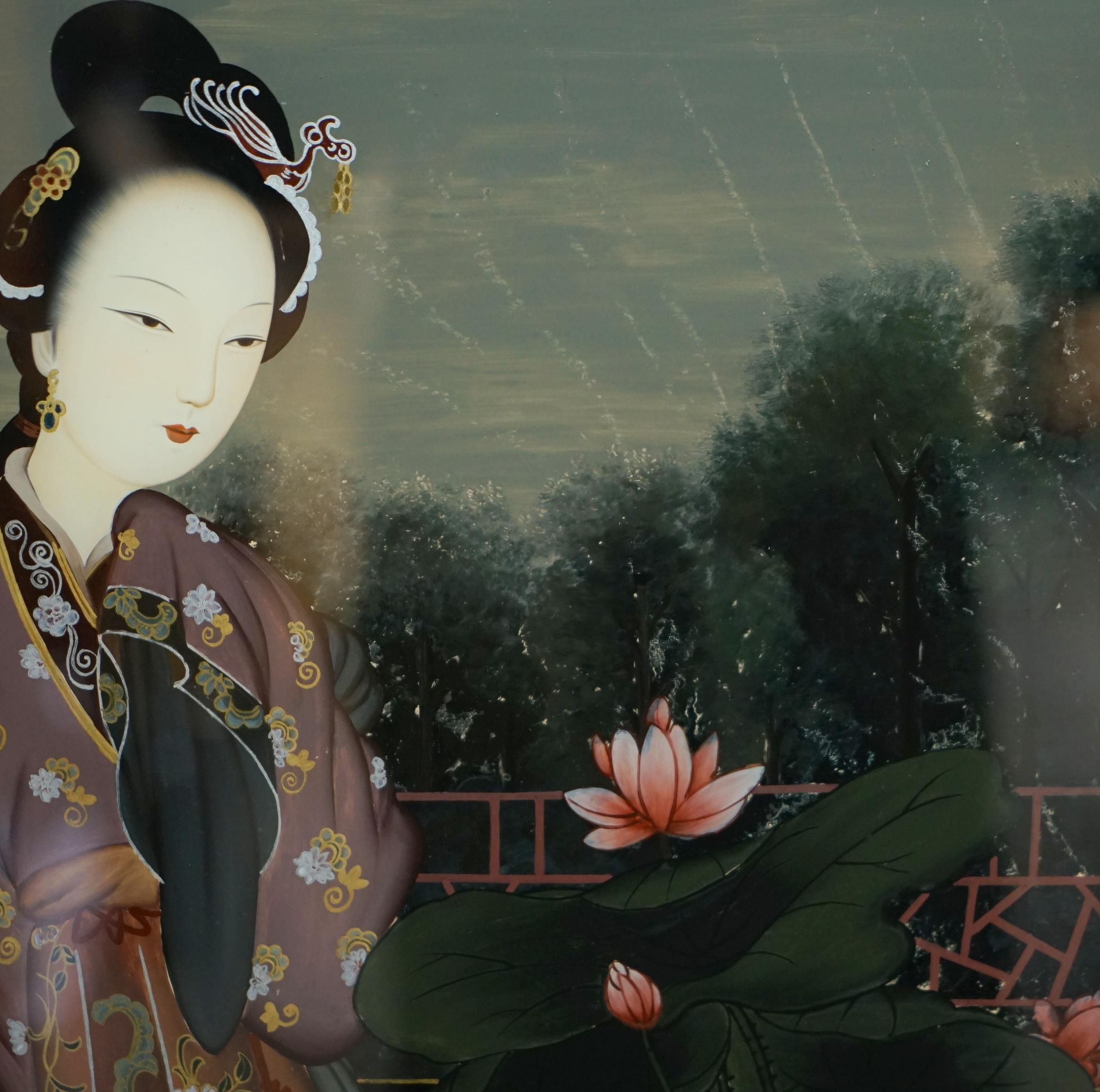 Erhabenes Paar antiker chinesischer Ahnenporträts mit handgemalten Glasgemälden im Angebot 2