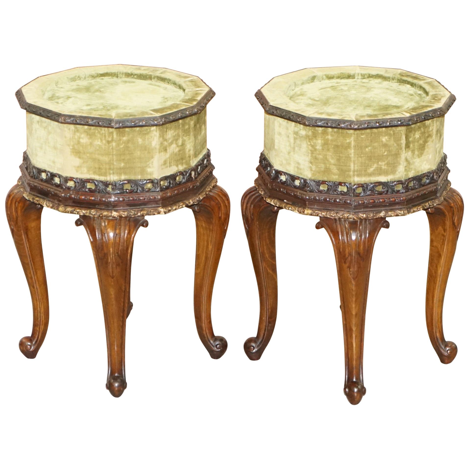 Sublime Pair of Antique circa 1860 Hardwood Carved Side Lamp Tables Velvet Tops