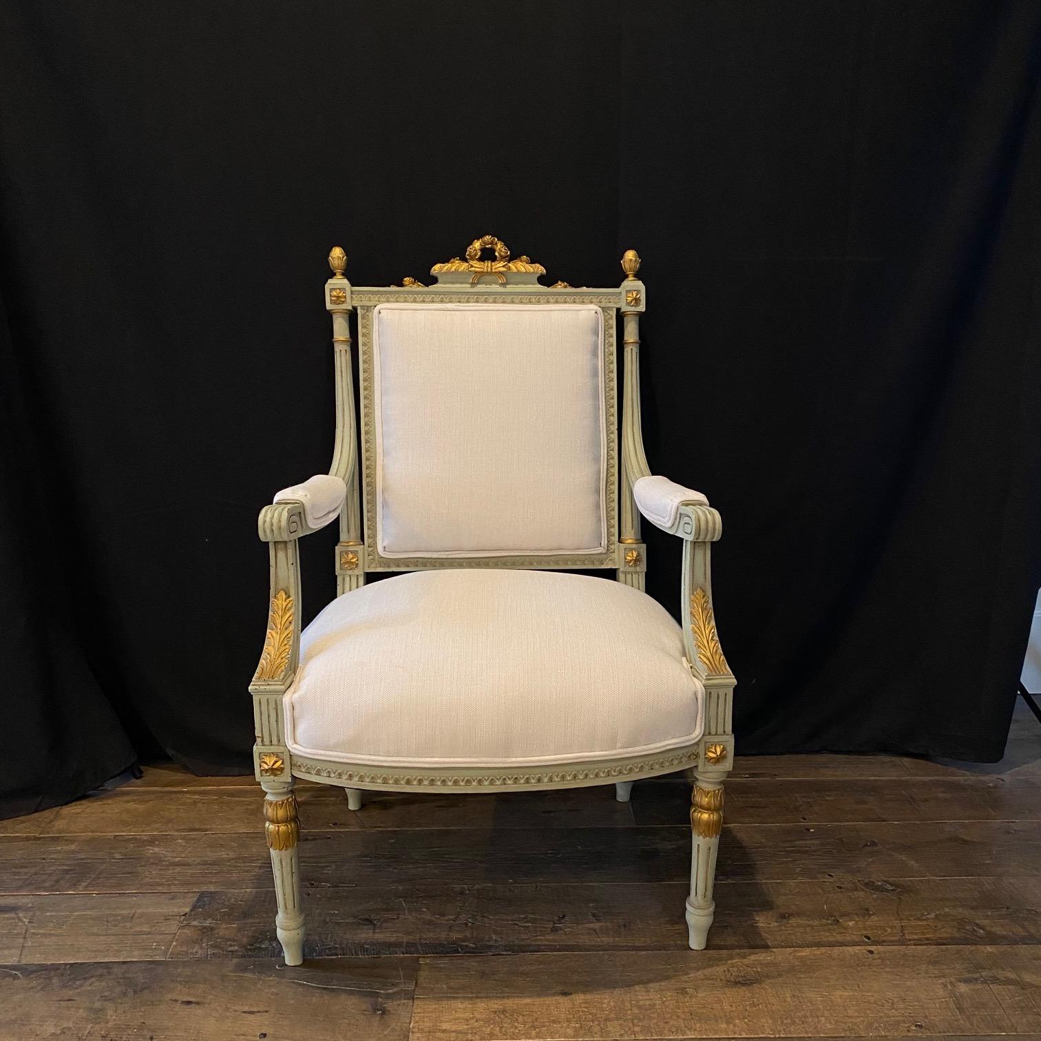 Sublime Pair of Antique French Neoclassical Armchairs Newly Upholstered 4