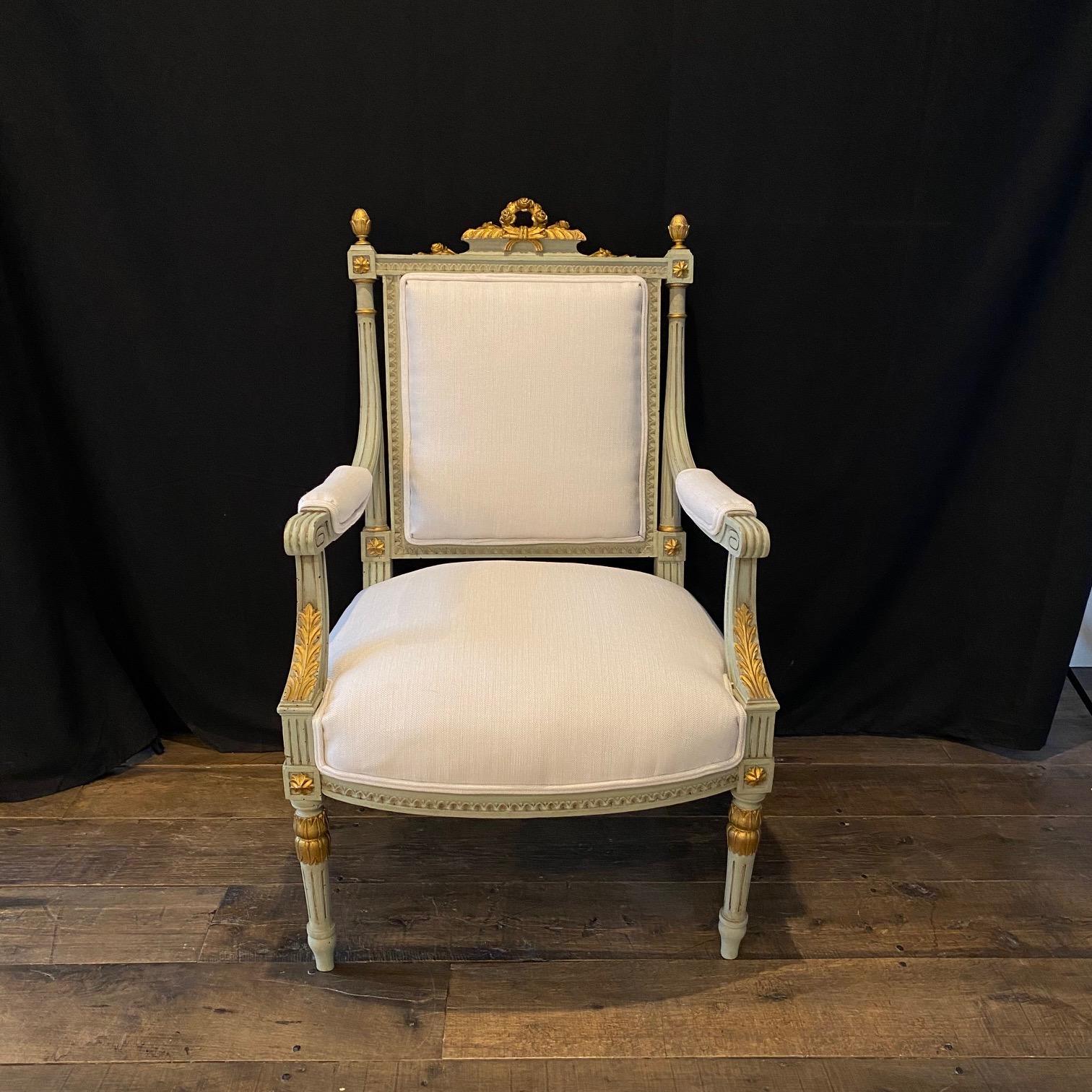 Painted Sublime Pair of Antique French Neoclassical Armchairs Newly Upholstered