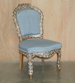 SUBLiME PAIR OF ANTIQUE MOTHER OF PEARL INLAID SIDE CHAIRS WITH HARDWOOD FRAMES
