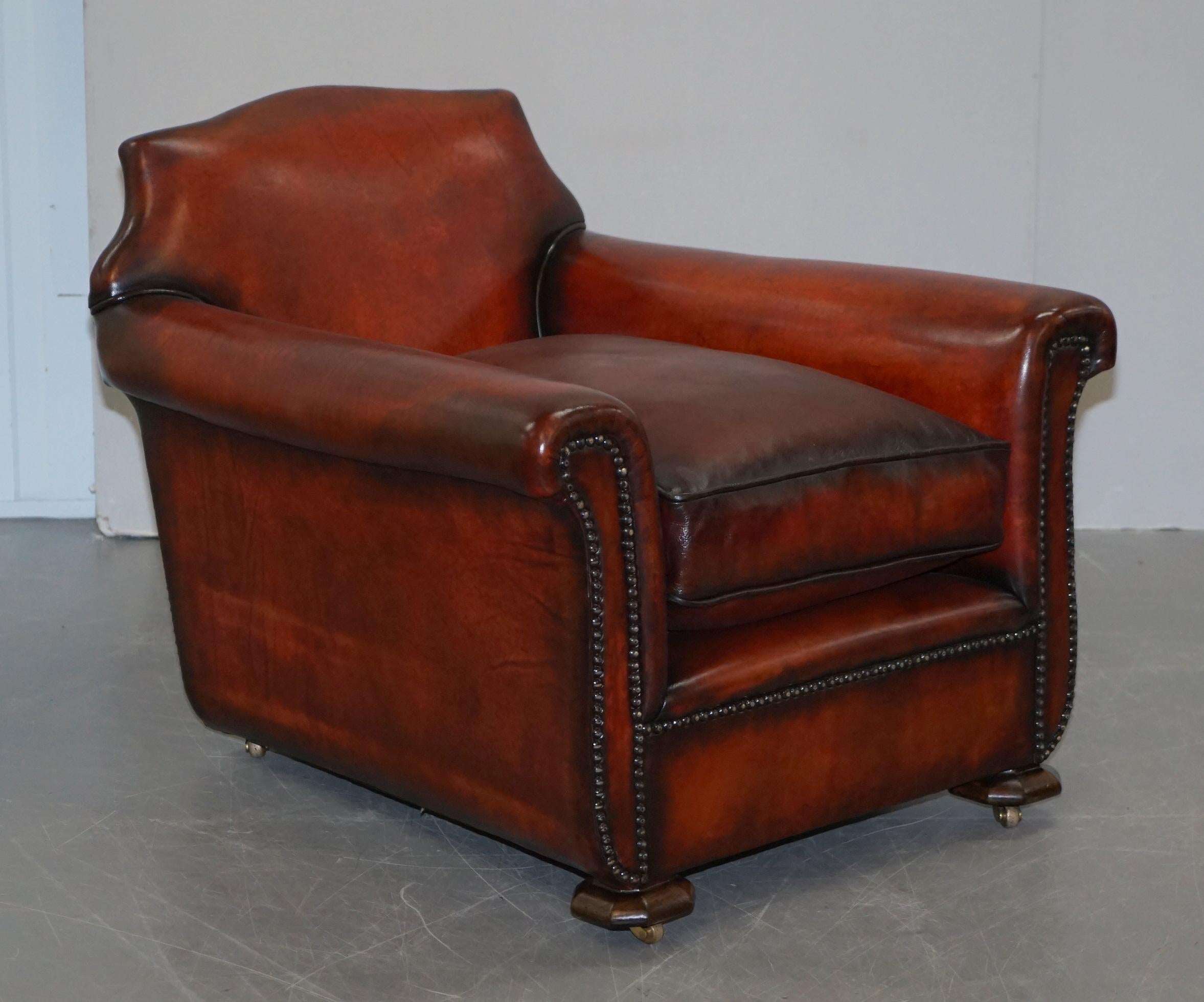 We are delighted to offer for sale this stunning fully restored pair of Art Deco hand dyed rich Whisky brown leather club armchairs

A very good looking well made and comfortable pair of armchairs, the leather is thick saddle hide upholstery which