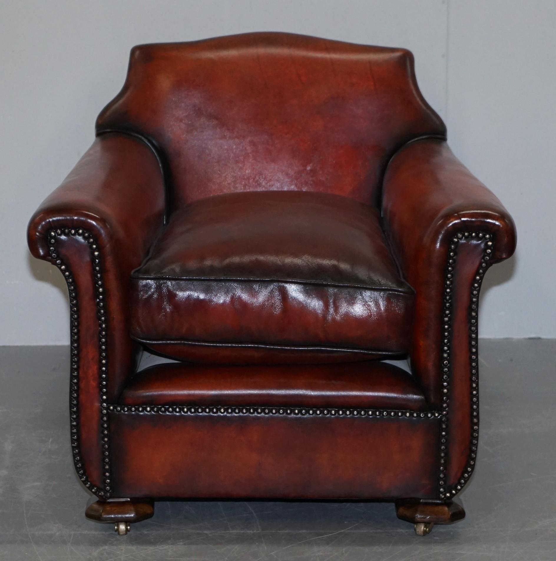 English Sublime Pair of Art Deco Fully Restored Whisky Brown Leather Club Armchairs