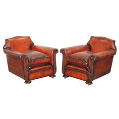 Sublime Pair of Art Deco Fully Restored Whisky Brown Leather Club Armchairs