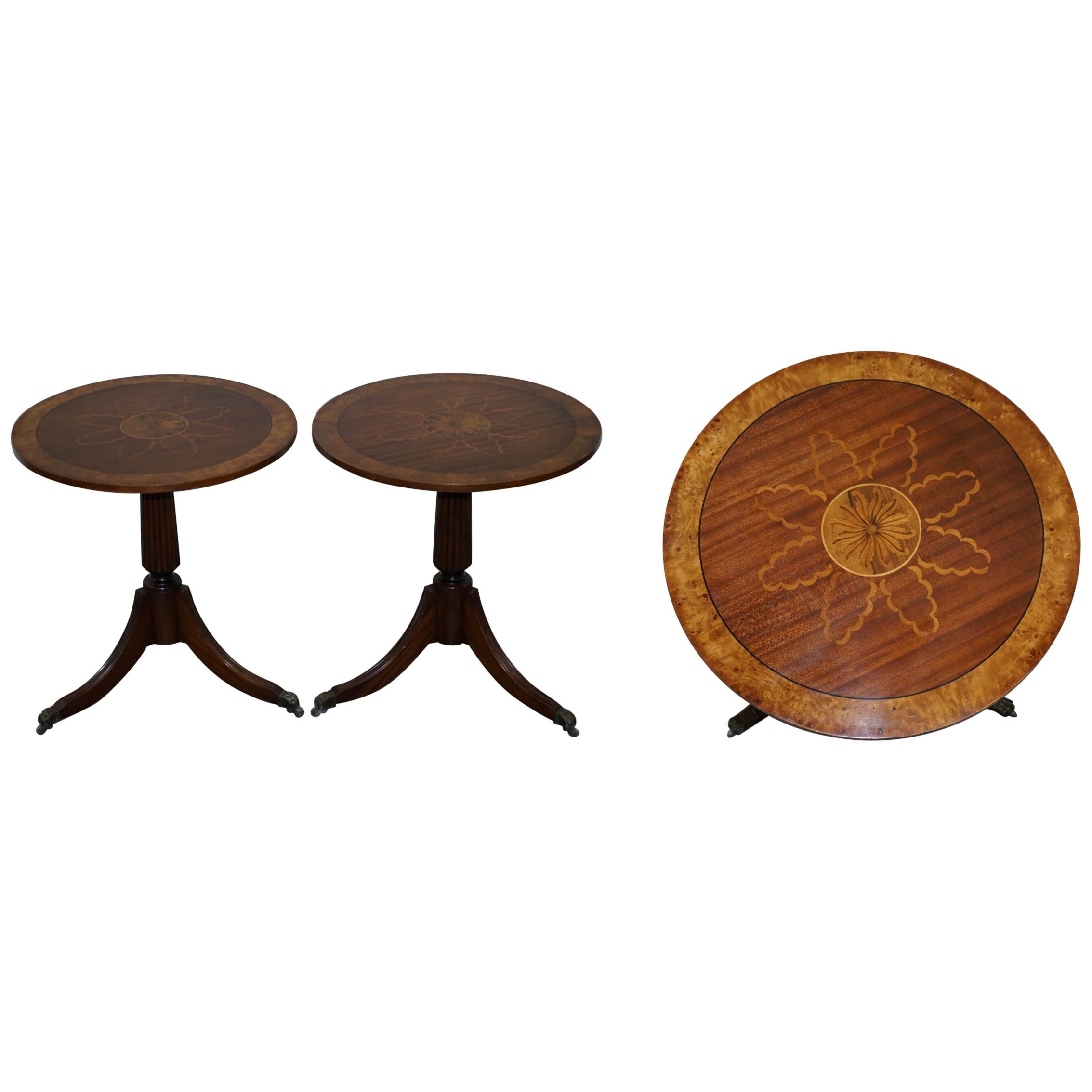 Sublime Pair of Burr Walnut Marquetry Inlay Large Side Tables Lion Paw Castors For Sale