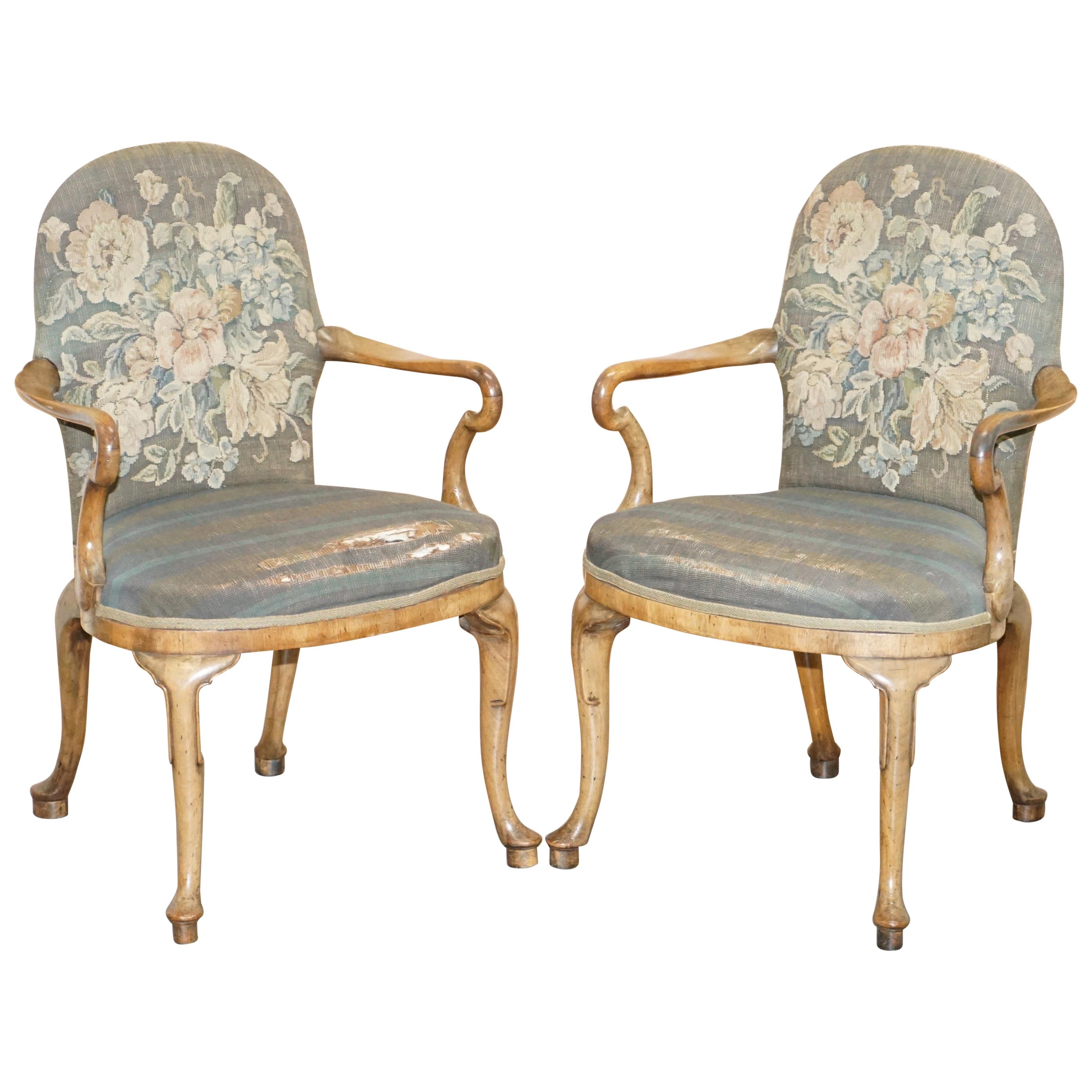 Sublime Pair of Early Victorian Original Upholstery English Walnut Armchairs
