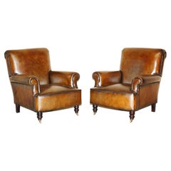 Sublime Pair of Edwardian Fully Restored Cigar Brown Leather Club Armchairs