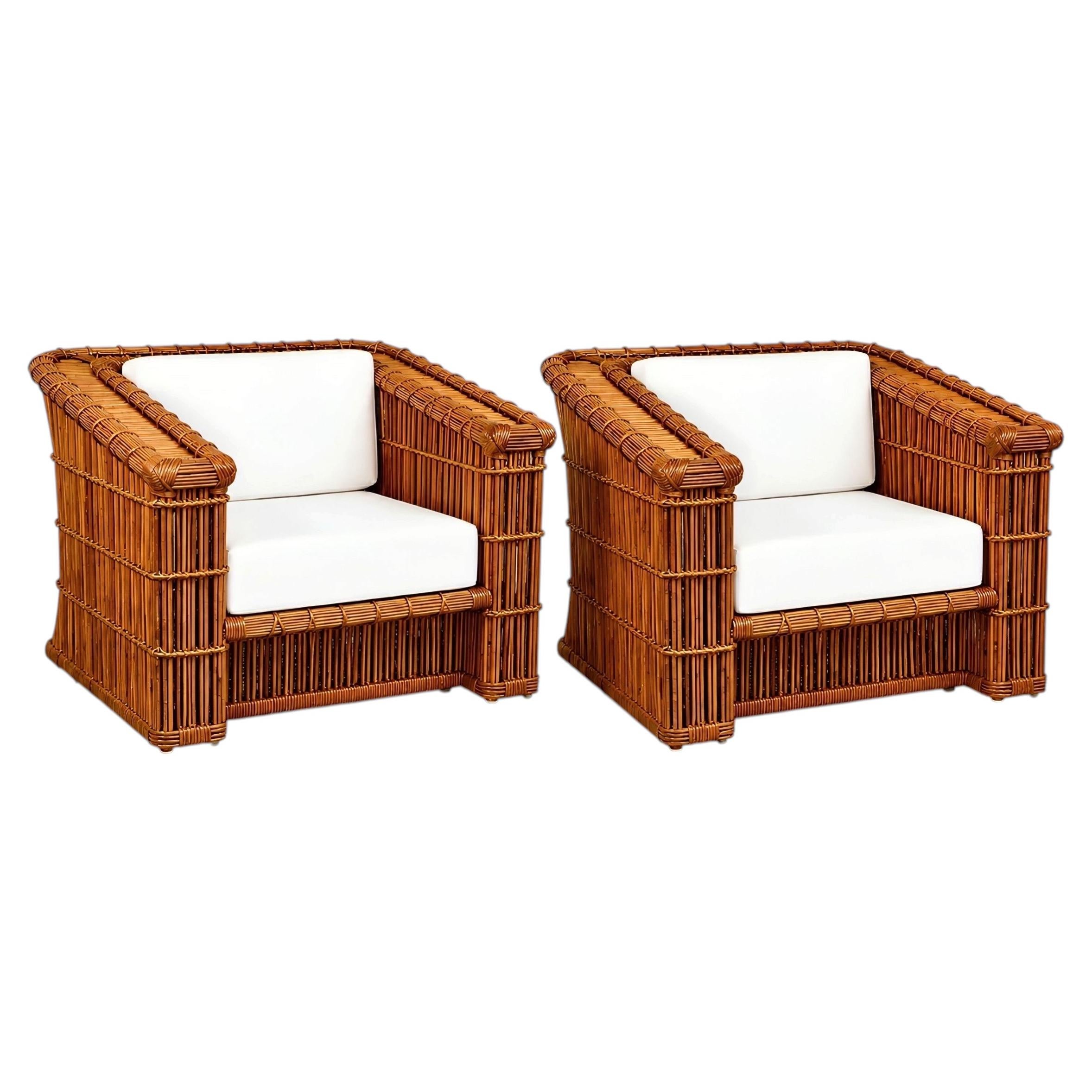 Sublime Pair of Large-Scale Vintage Rattan and Cane Basket Loungers by McGuire
