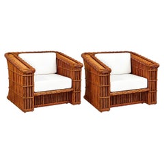 Splendida coppia di grandi sedie a sdraio vintage in rattan e canna di McGuire