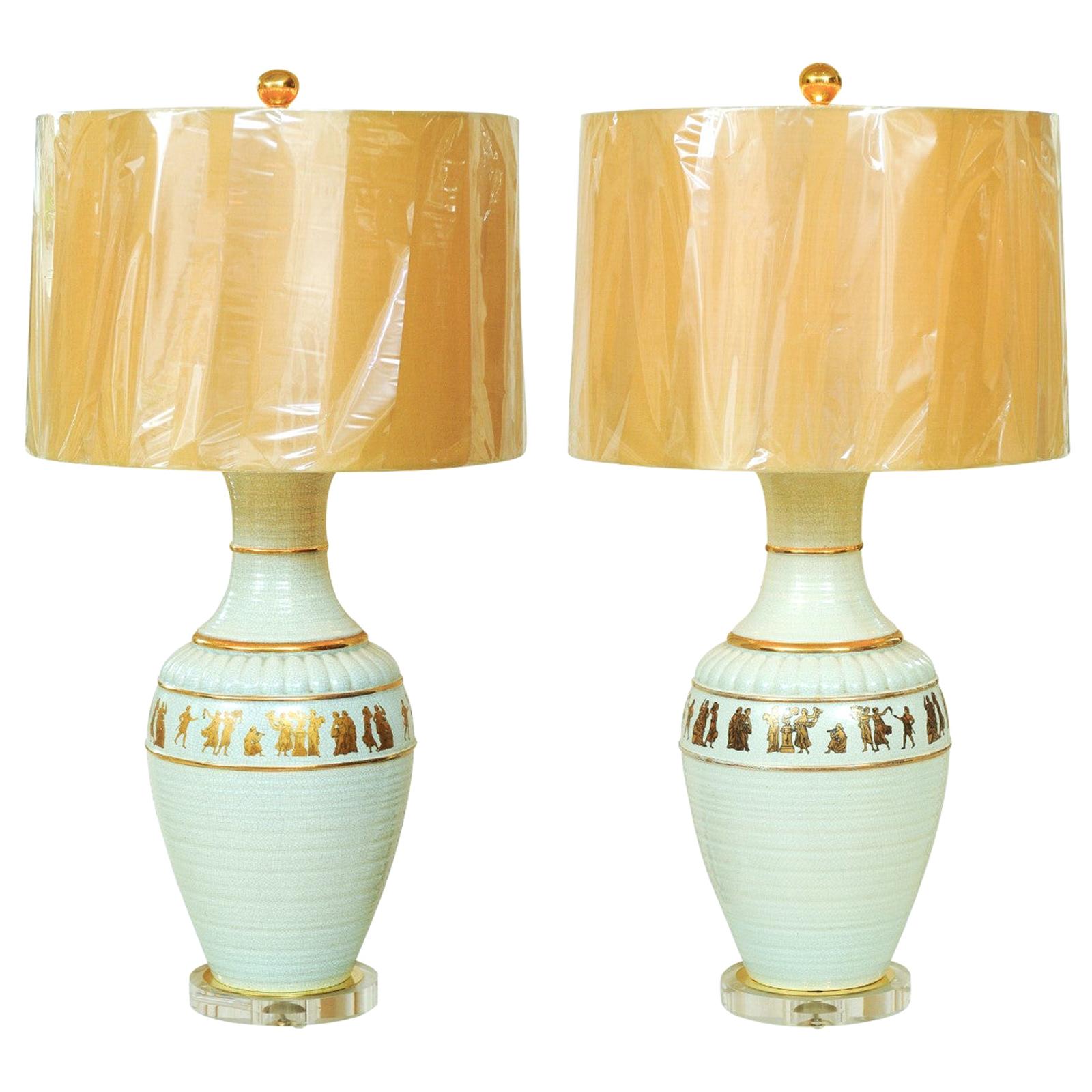 Sublime Pair of Neoclassical Lamps in Sultanabad Blue by Marbro, circa 1960 For Sale