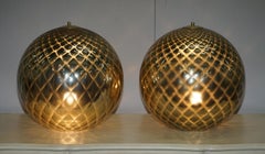 Sublime Pair of Original Murano Glass Diamond Patina Sphere Gold Tables Lamps