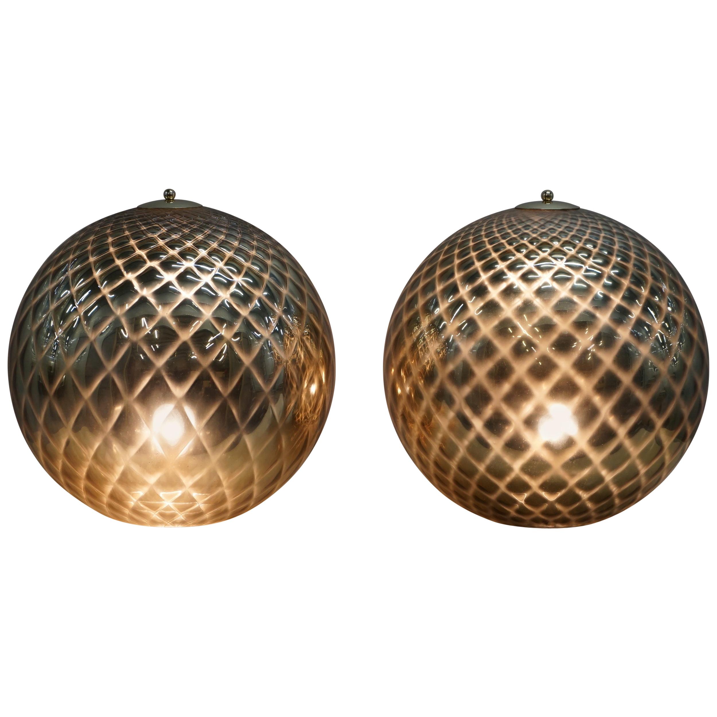 Sublime Pair of Original Murano Glass Diamond Patina Sphere Gold Tables Lamps For Sale