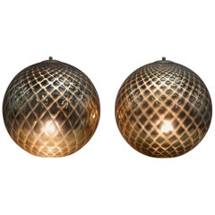 Sublime Pair of Original Murano Glass Diamond Patina Sphere Gold Tables Lamps