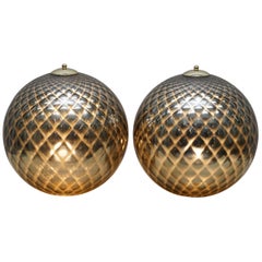 Sublime Pair of Original Murano Glass Diamond Patina Sphere Silver Tables Lamps