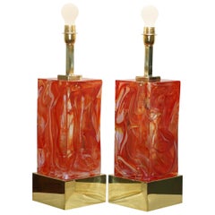 Sublime paire de grandes lampes de bureau d'origine en verre de Murano marbré massif et lourd