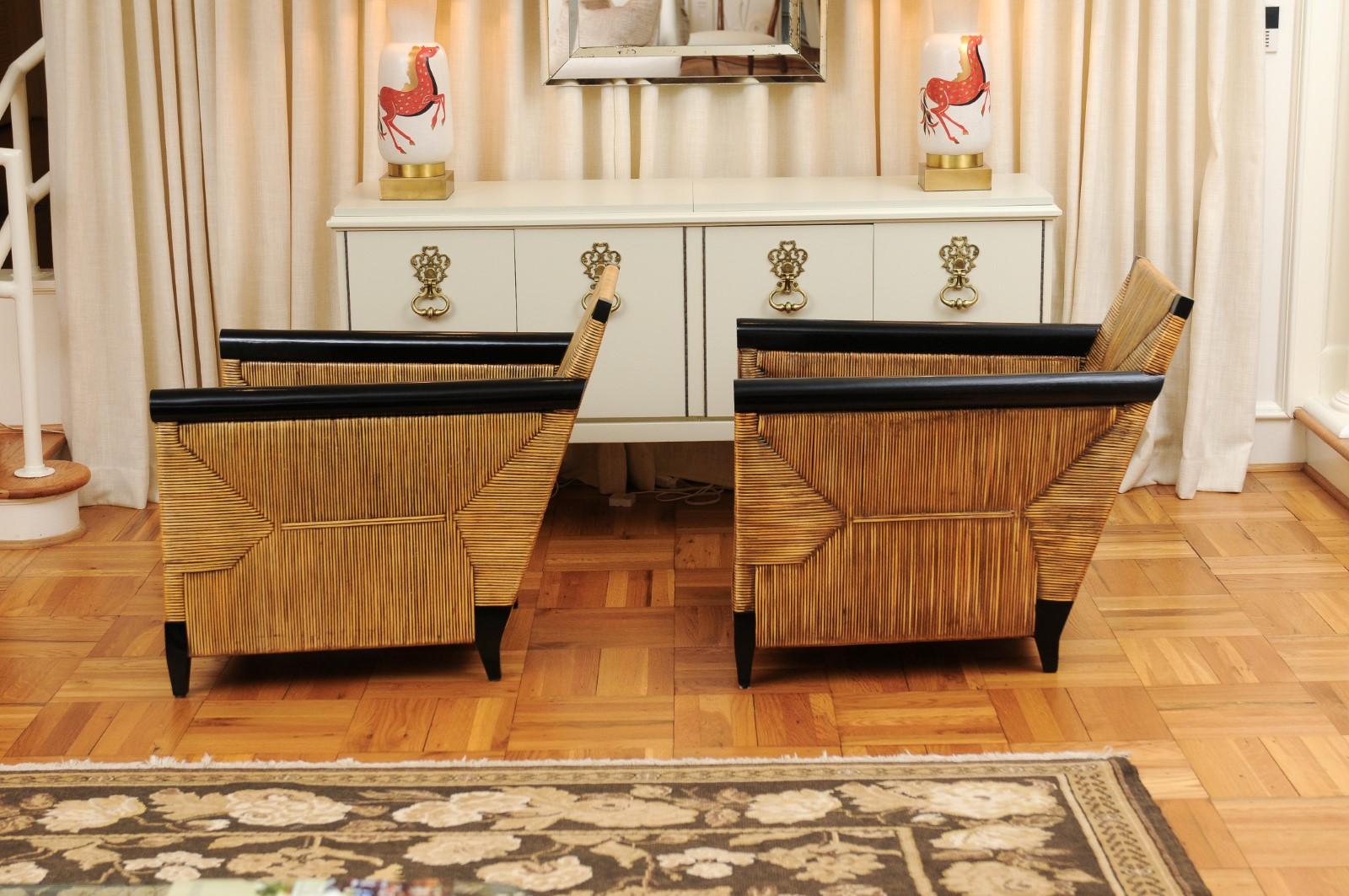 Sublime Pair of Rush Cane and Mahogany Loungers by John Hutton for Donghia 1