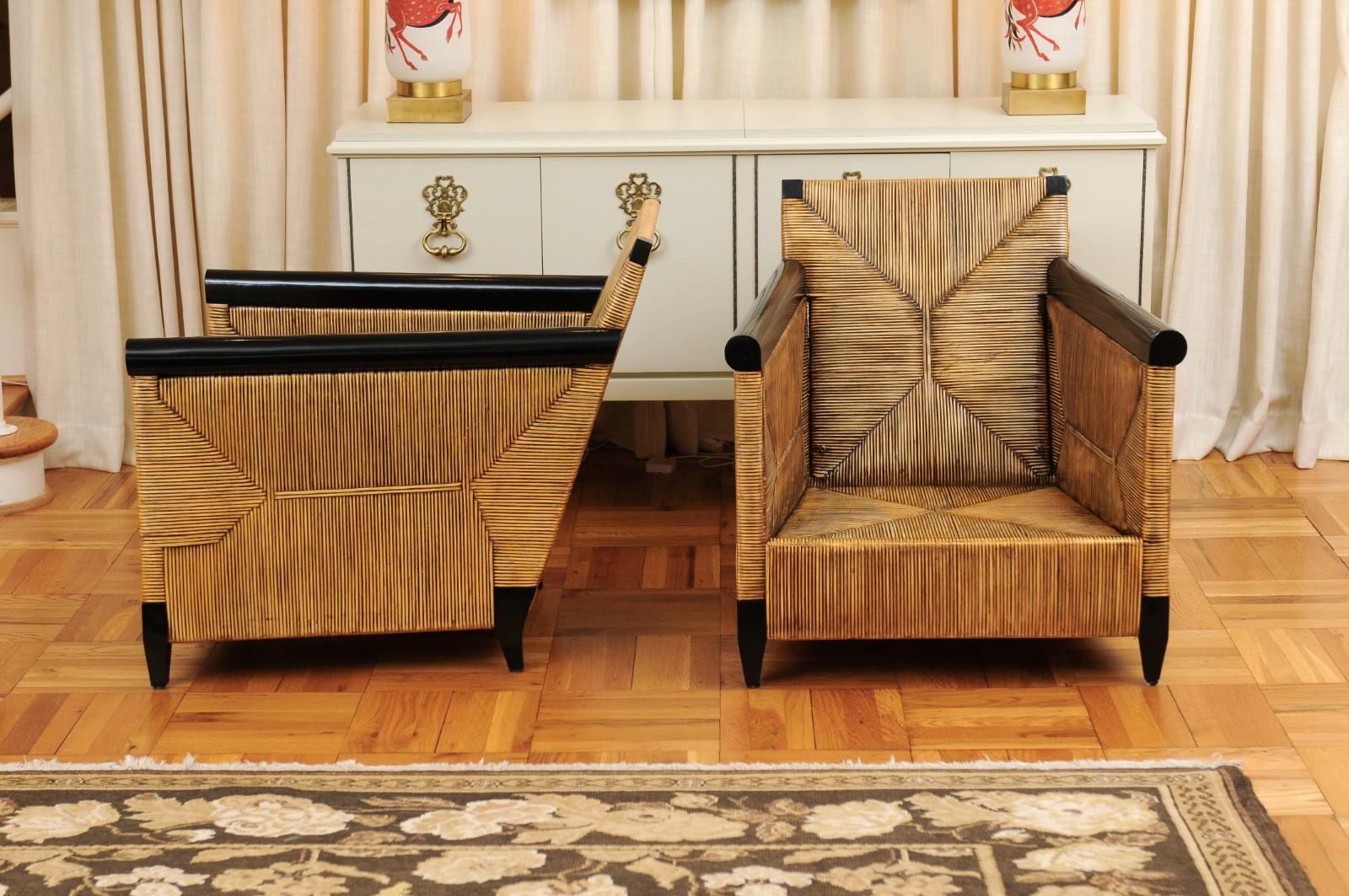 Sublime Pair of Rush Cane and Mahogany Loungers by John Hutton for Donghia 2