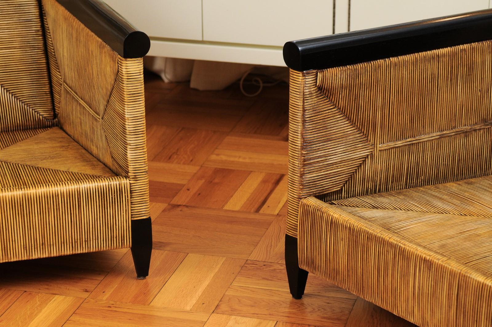 Sublime Pair of Rush Cane and Mahogany Loungers by John Hutton for Donghia 5