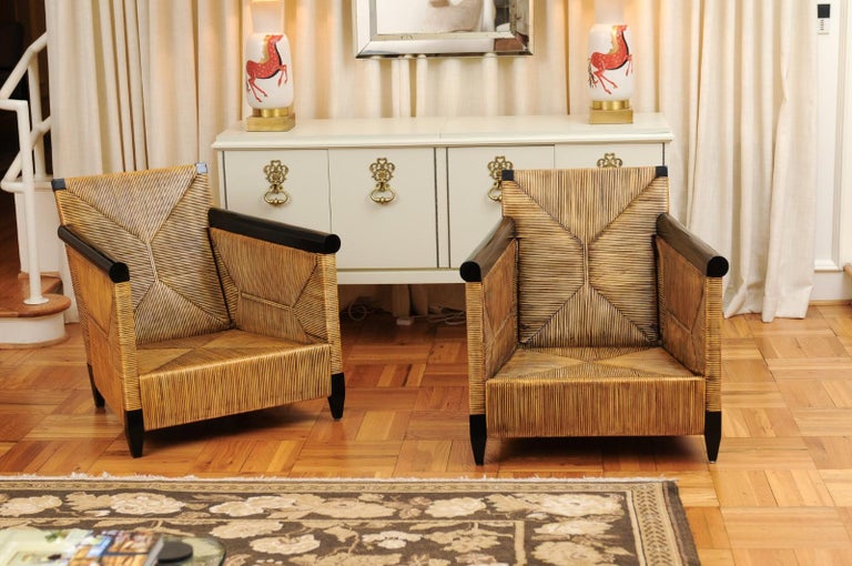 These magnificent lounge chairs are shipped as professionally photographed and described in the listing narrative: Meticulously professionally restored and ready for upholstery. Expert custom upholstery service is available.

A stunning pair of