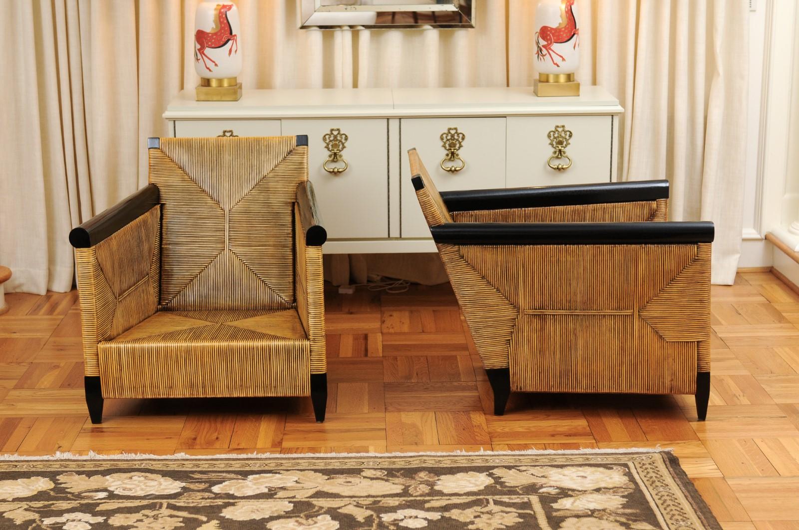 Organic Modern Sublime Pair of Rush Cane and Mahogany Loungers by John Hutton for Donghia