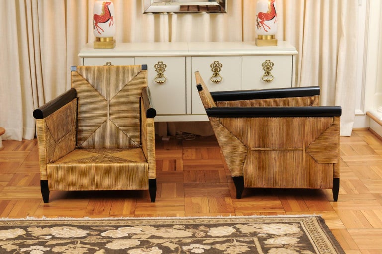 Late 20th Century Sublime Pair of Rattan and Mahogany Loungers by Hutton for Donghia, circa 1995 For Sale