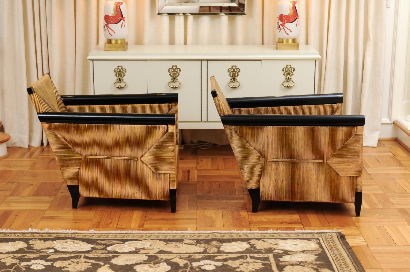 Unknown Sublime Pair of Rush Cane and Mahogany Loungers by John Hutton for Donghia