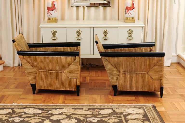 Sublime Pair of Rattan and Mahogany Loungers by Hutton for Donghia, circa 1995 For Sale 1