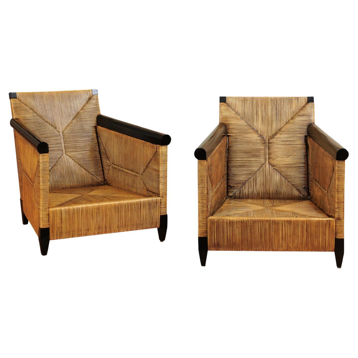 Sublime Pair of Rush Cane and Mahogany Loungers by John Hutton for Donghia