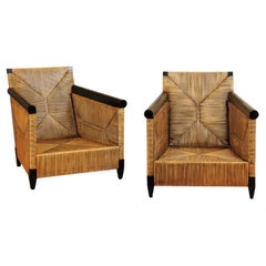 Sublime Pair of Rattan and Mahogany Loungers by Hutton for Donghia, circa 1995