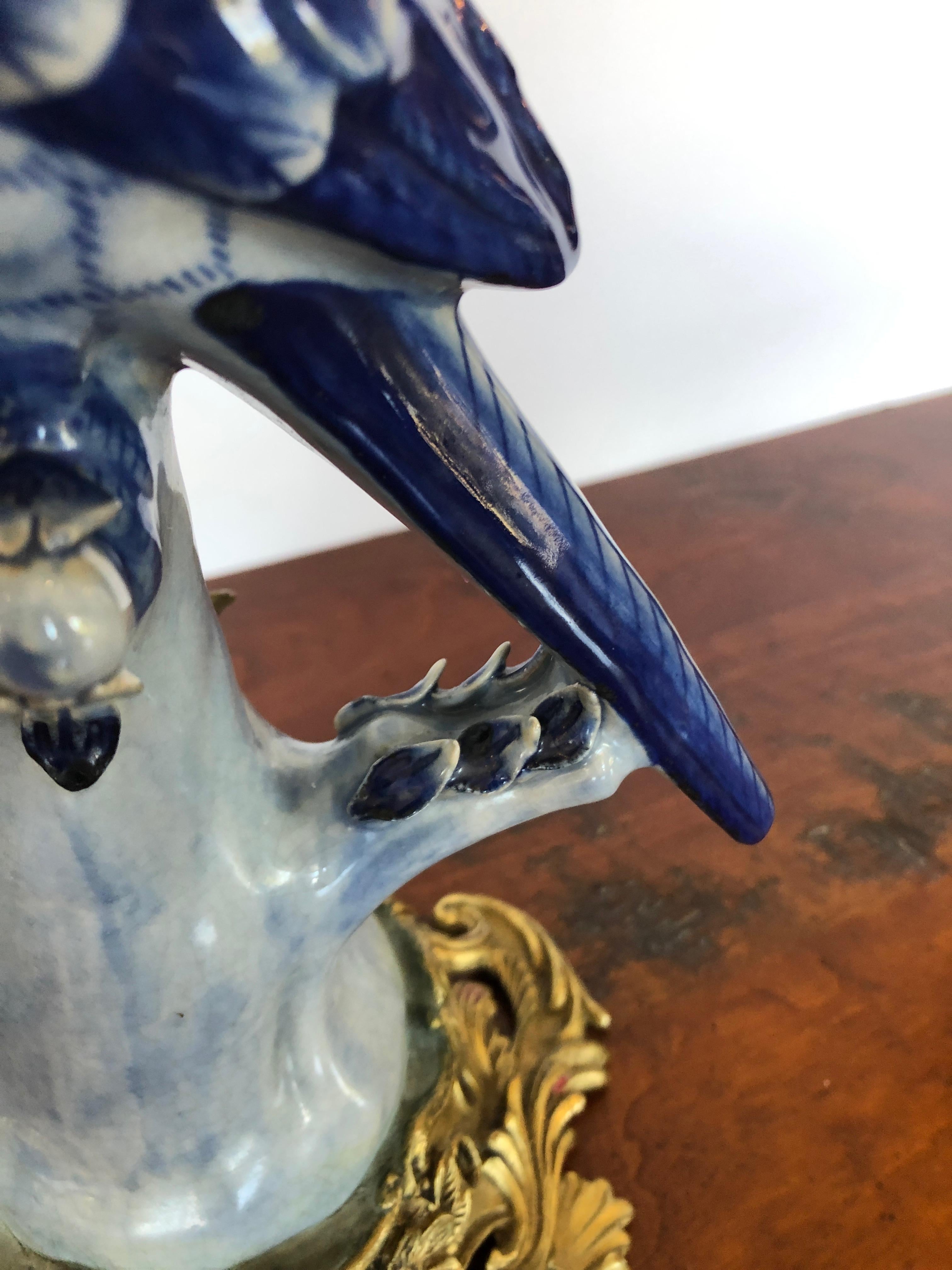 Sublime Pair of Tone on Tone Blue Porcelain Parrot Candlesticks 2