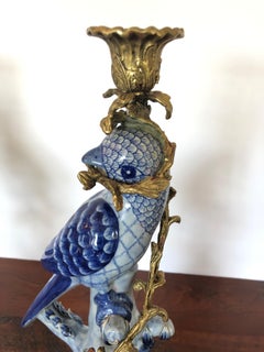 Sublime Pair of Tone on Tone Blue Porcelain Parrot Candlesticks