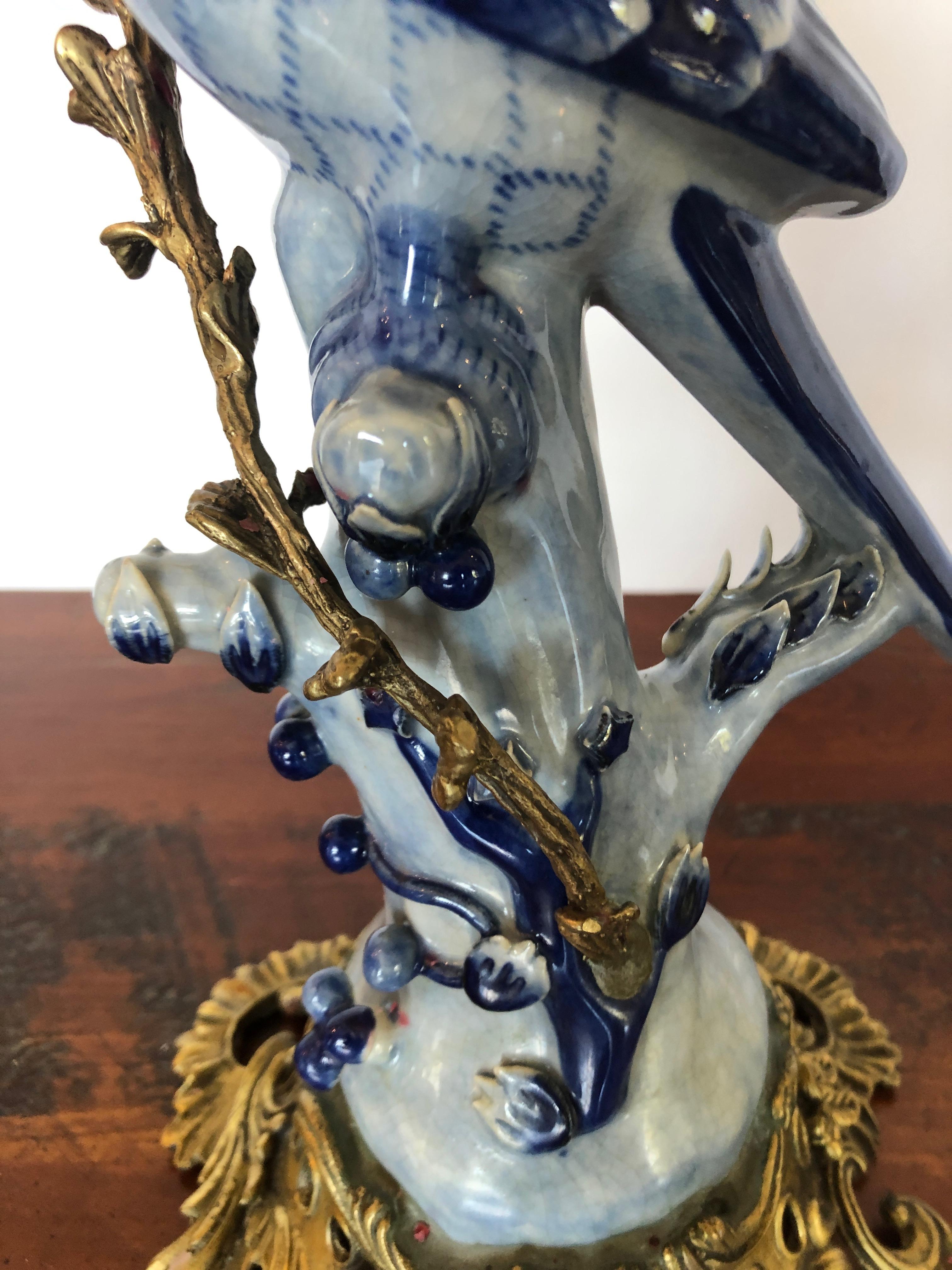 American Sublime Pair of Tone on Tone Blue Porcelain Parrot Candlesticks