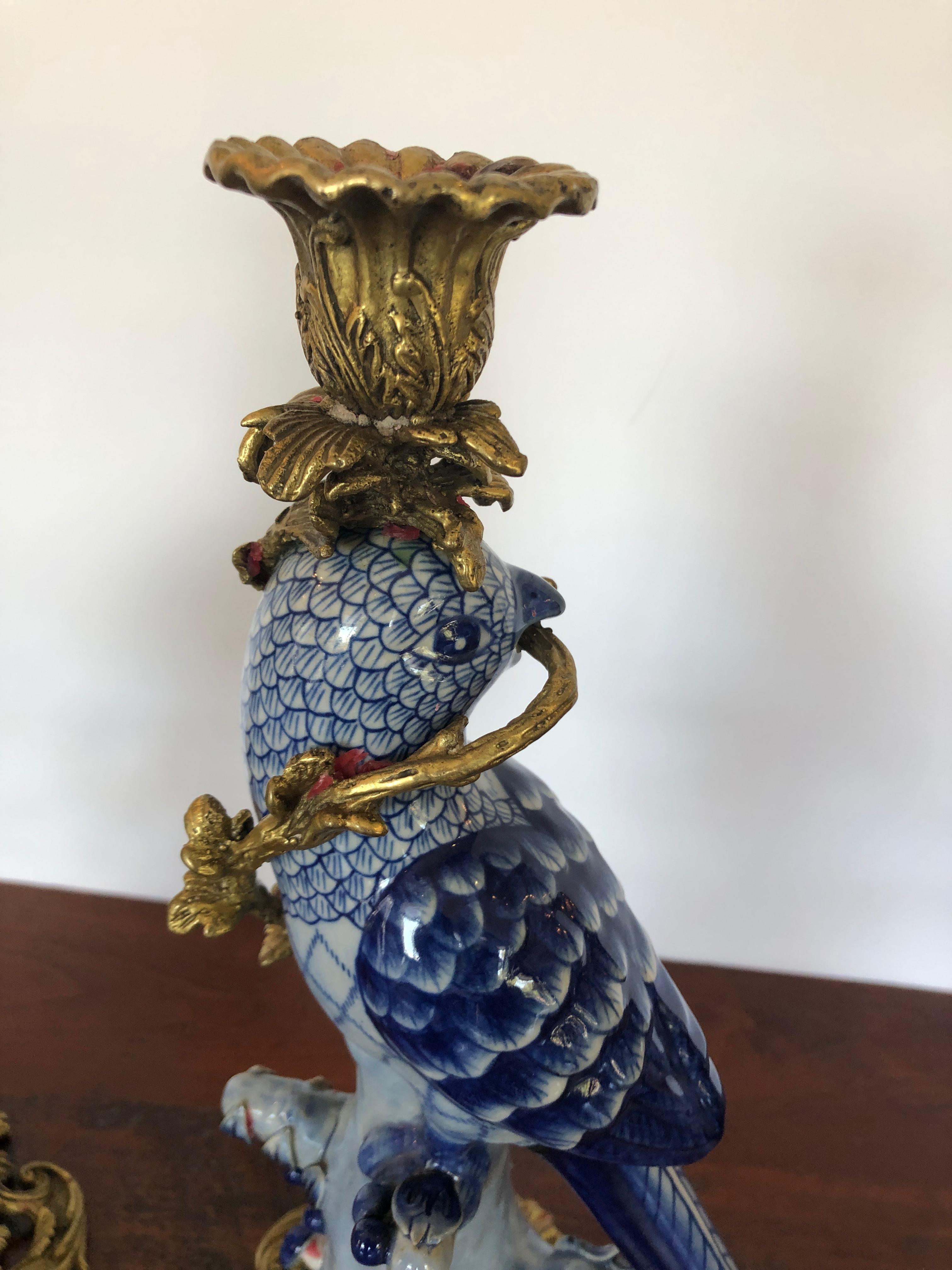 Sublime Pair of Tone on Tone Blue Porcelain Parrot Candlesticks In Excellent Condition In Hopewell, NJ