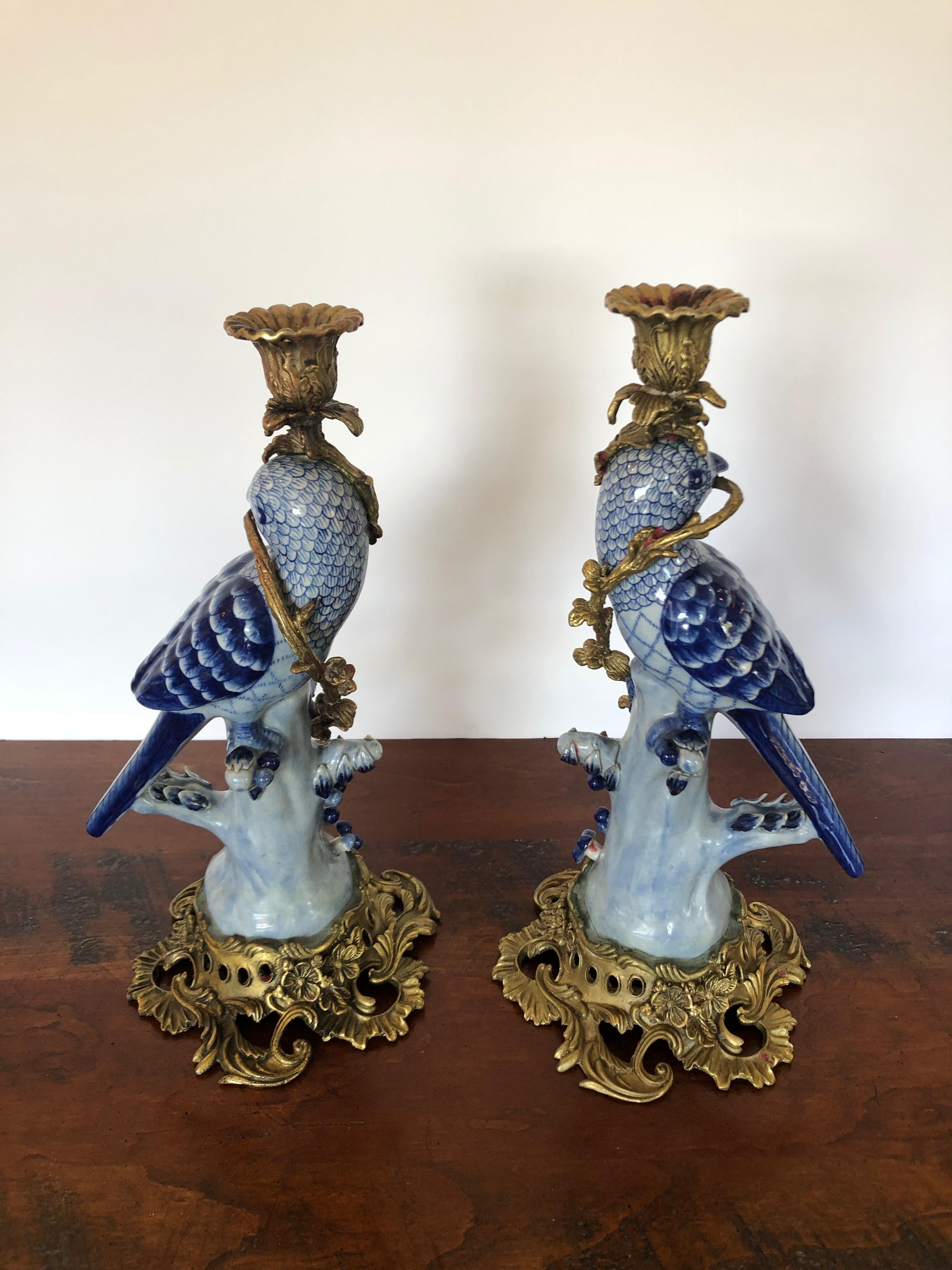 Mid-20th Century Sublime Pair of Tone on Tone Blue Porcelain Parrot Candlesticks