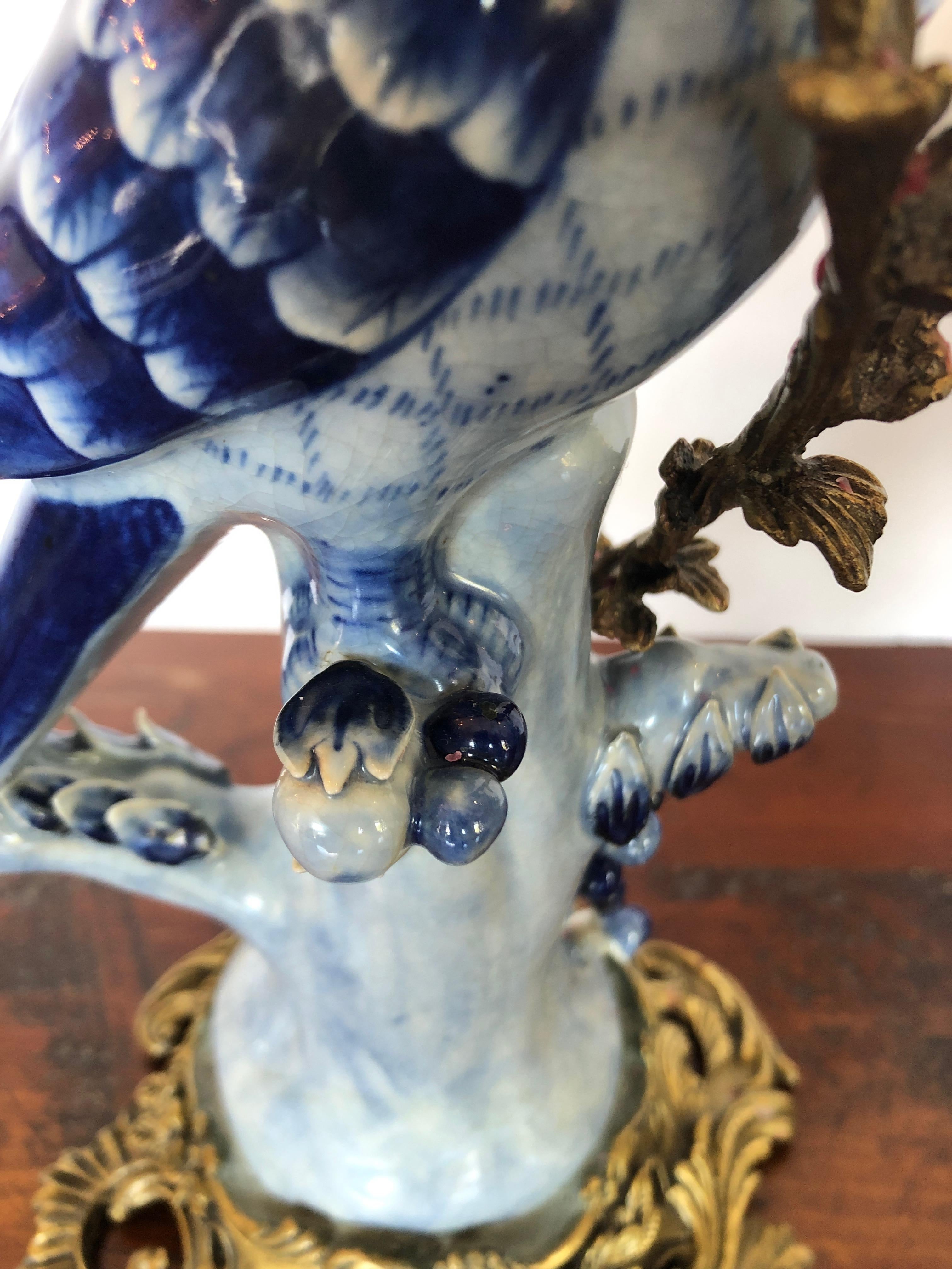 Bronze Sublime Pair of Tone on Tone Blue Porcelain Parrot Candlesticks