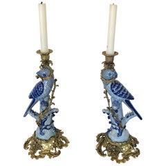 Sublime Pair of Tone on Tone Blue Porcelain Parrot Candlesticks