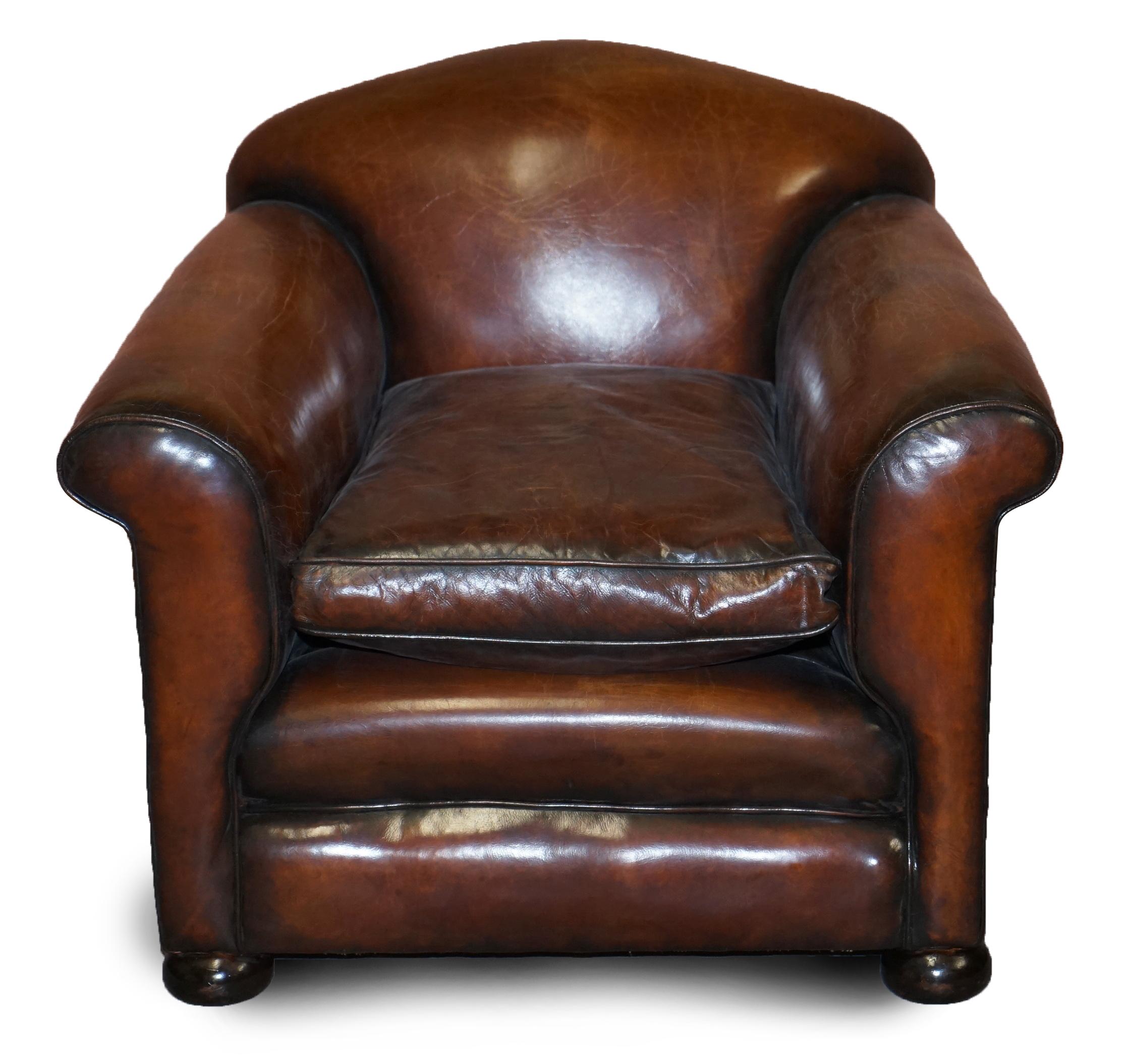 English Sublime Pair of Victorian Fully Restored Chestnut Brown Leather Club Armchairs