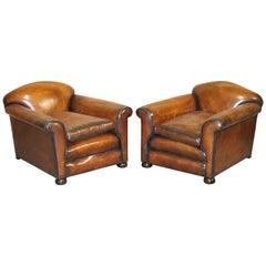 Sublime Pair of Victorian Fully Restored Chestnut Brown Leather Club Armchairs