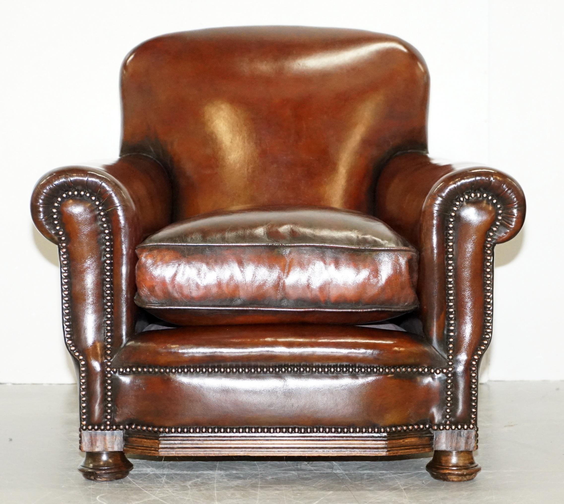 English Sublime Pair of Victorian Fully Restored Cigar Brown Leather Club Armchairs