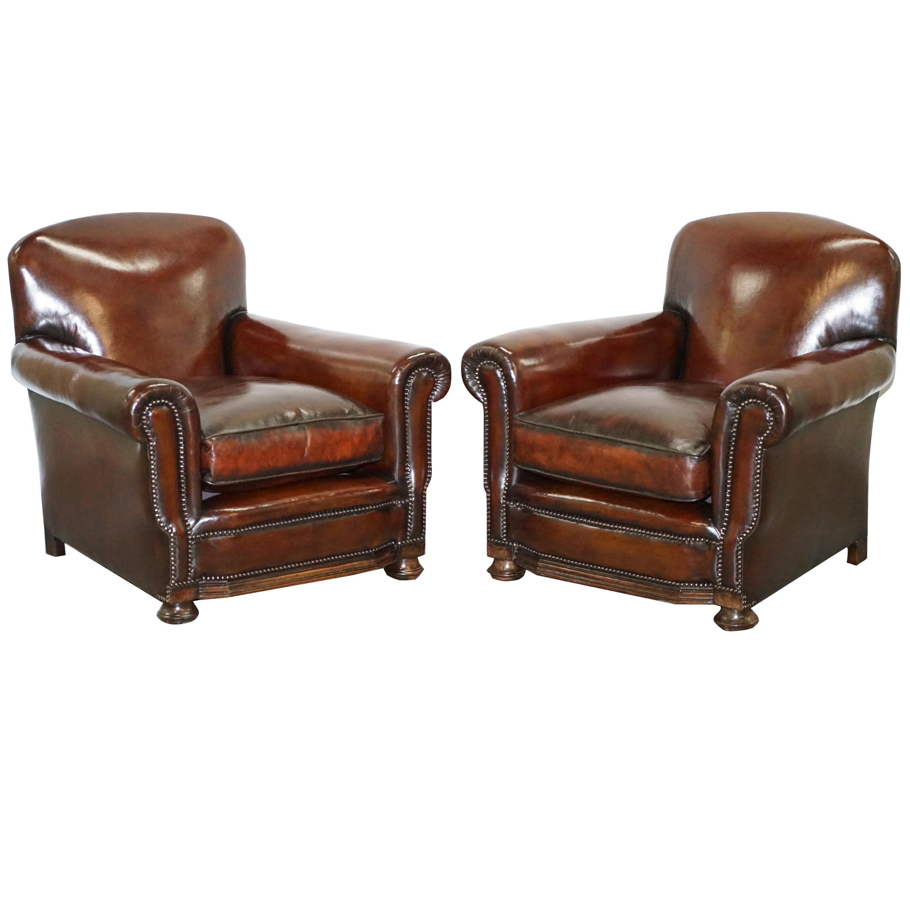 Sublime Pair of Victorian Fully Restored Cigar Brown Leather Club Armchairs